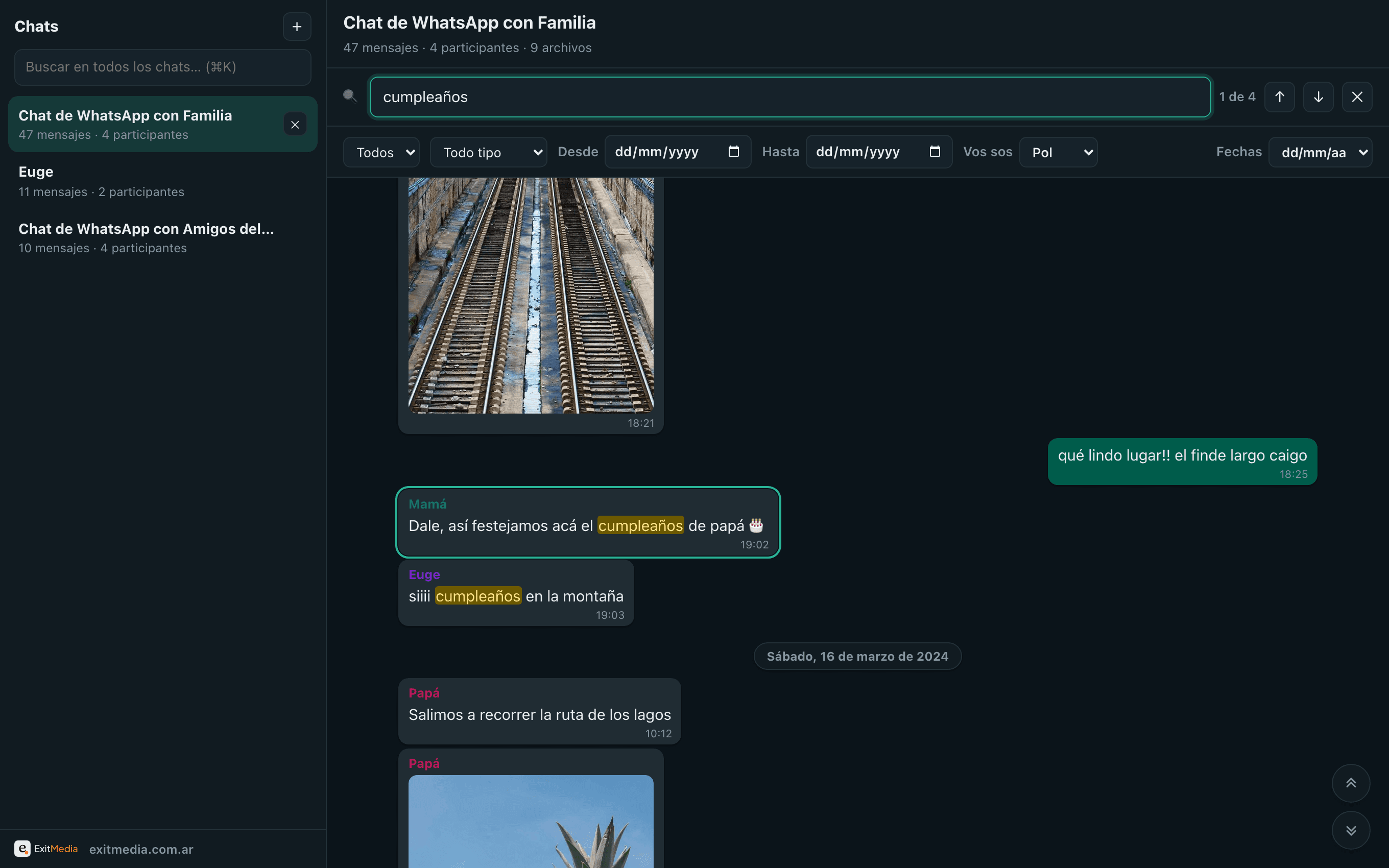 El buscador de WhatsArchive resaltando la palabra «cumpleaños» en varios mensajes, con el contador «1 de 4».