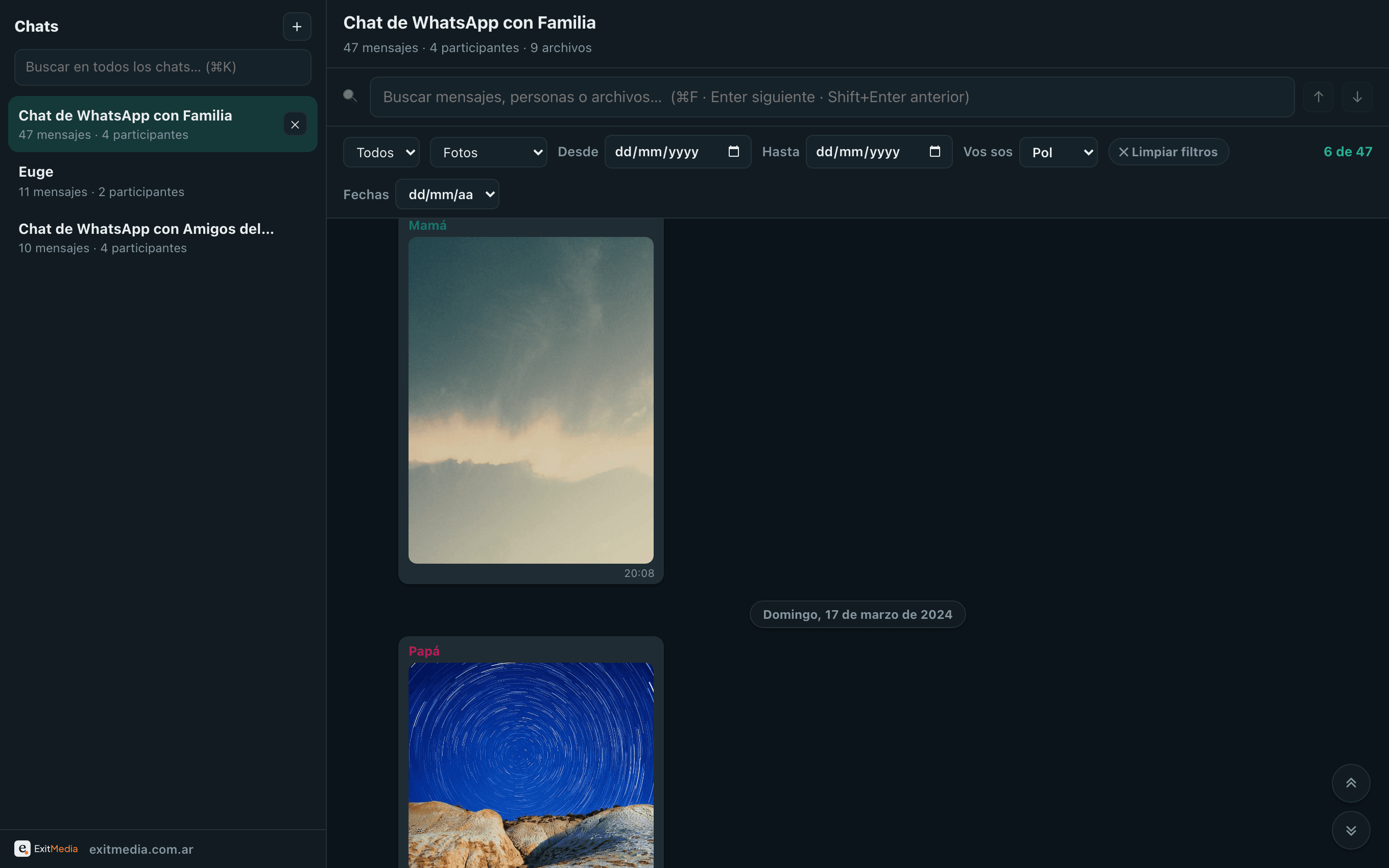 WhatsArchive filtrando el chat para mostrar solo fotos, con el contador «6 de 47» en verde.
