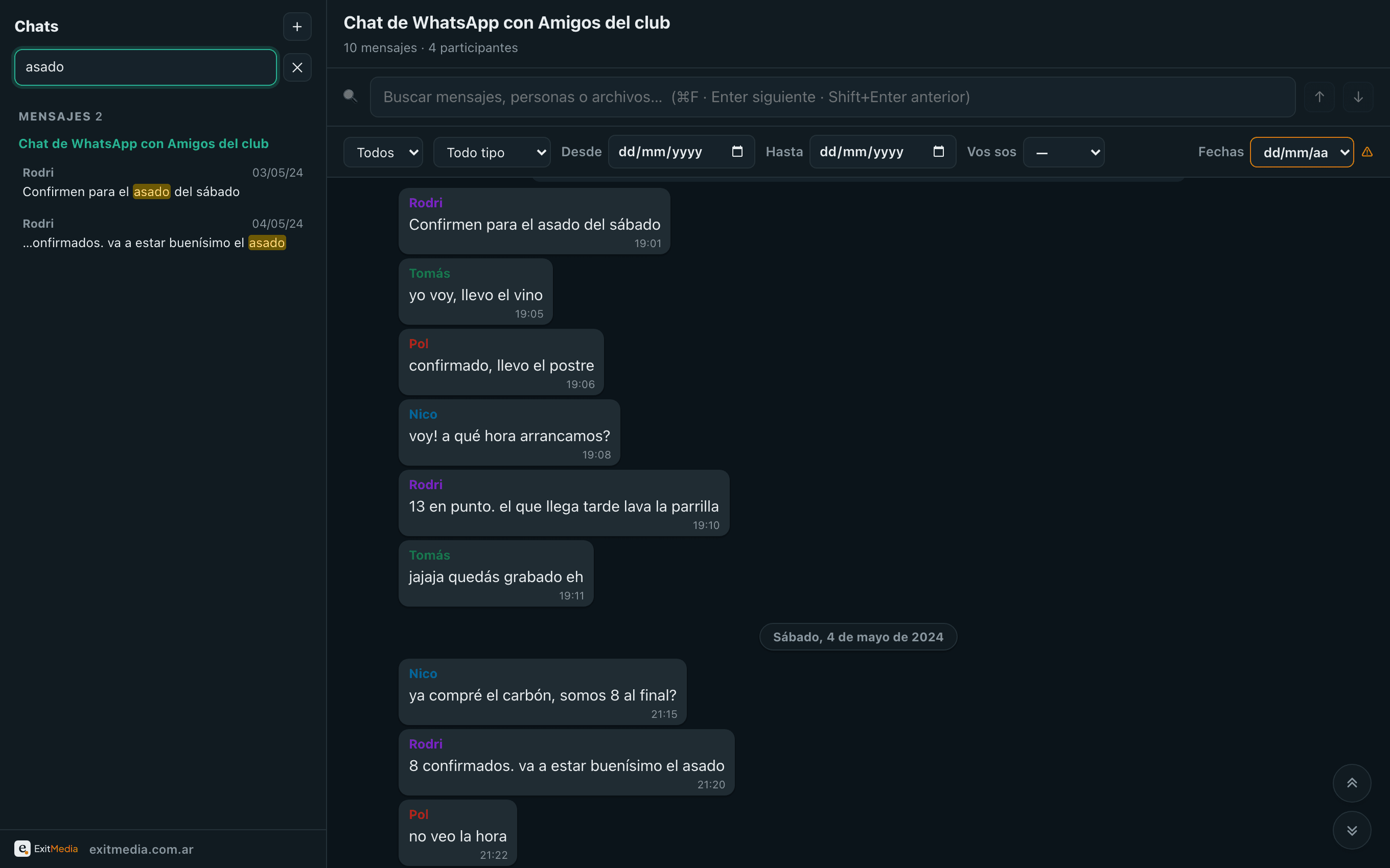 Búsqueda global de WhatsArchive: buscando «asado» agrupa resultados en Personas y Mensajes a través de todos los chats.