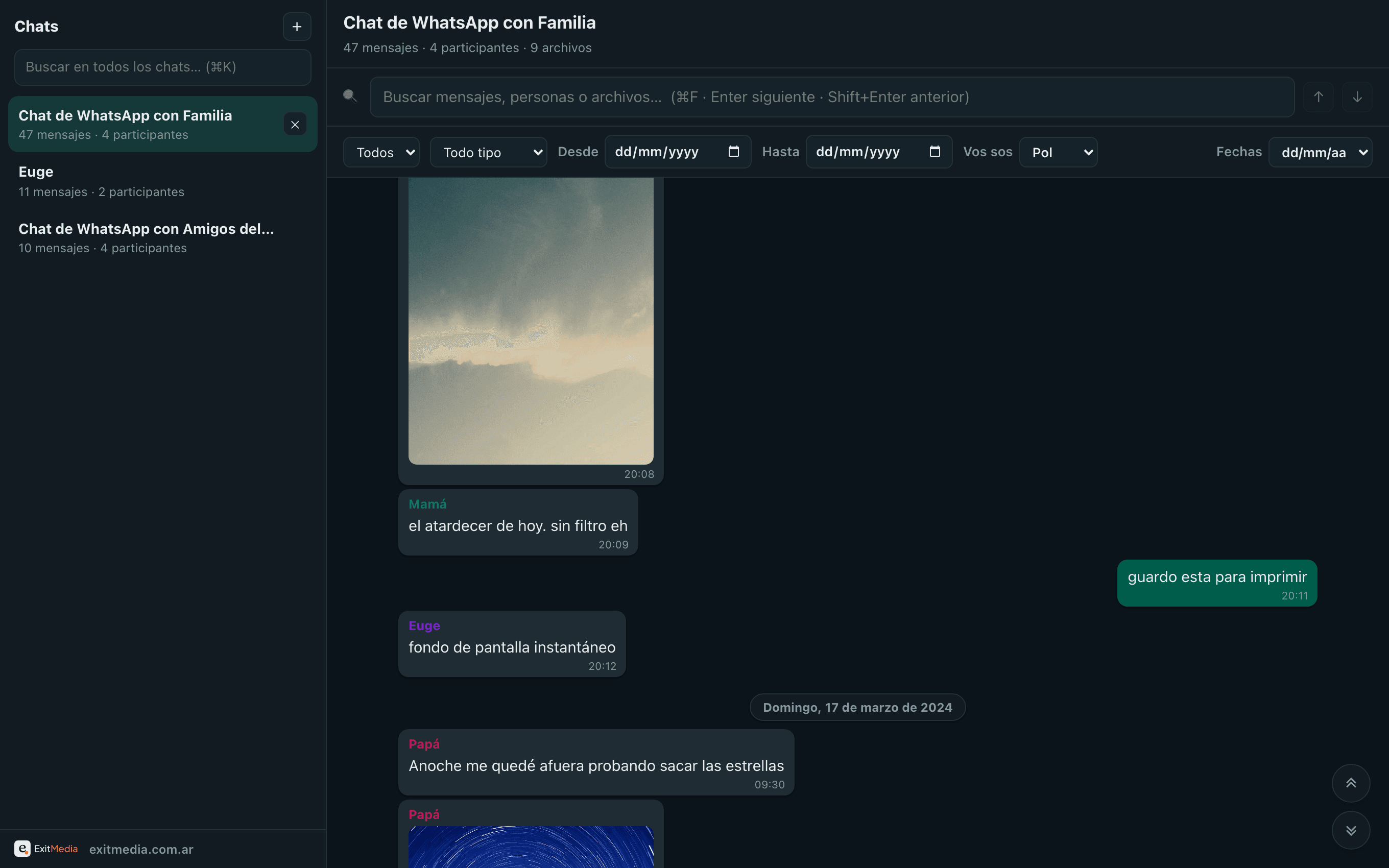 WhatsArchive mostrando un chat de familia con fotos, la barra de búsqueda y el sidebar de chats.