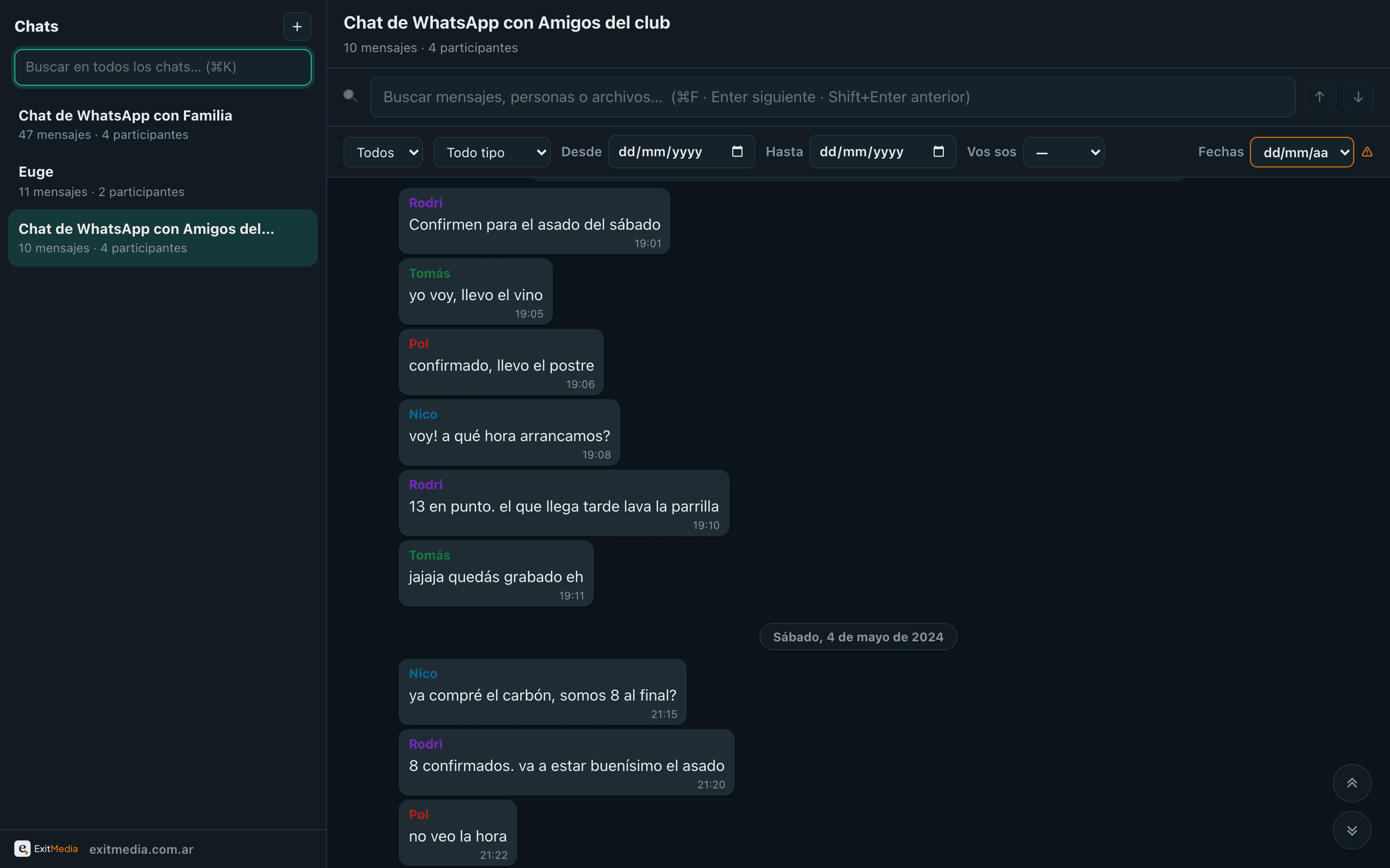 El sidebar de WhatsArchive con tres chats cargados a la vez: Familia, Euge y Amigos del club.